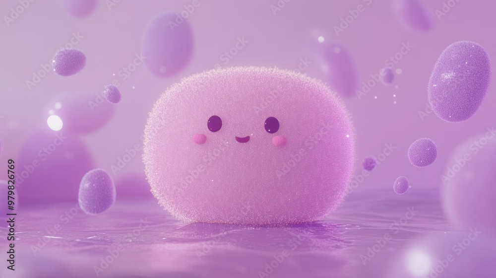 Canvas Prints A cute, fluffy pink character surrounded by bubbles, evoking a playful and whimsical atmosphere.