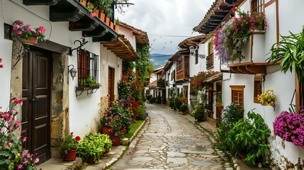 Fototapeta premium Charming town lanes with ancestral houses decorated with wildflowers and greenery