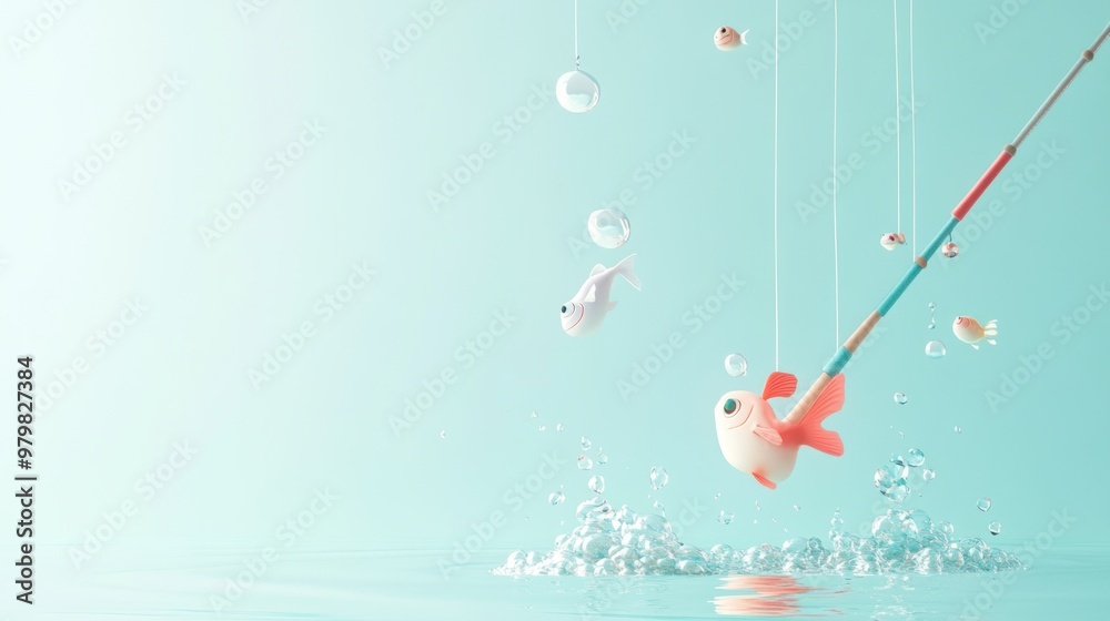 Poster A playful scene featuring a fishing rod with cartoon fish and bubbles above a serene water surface.