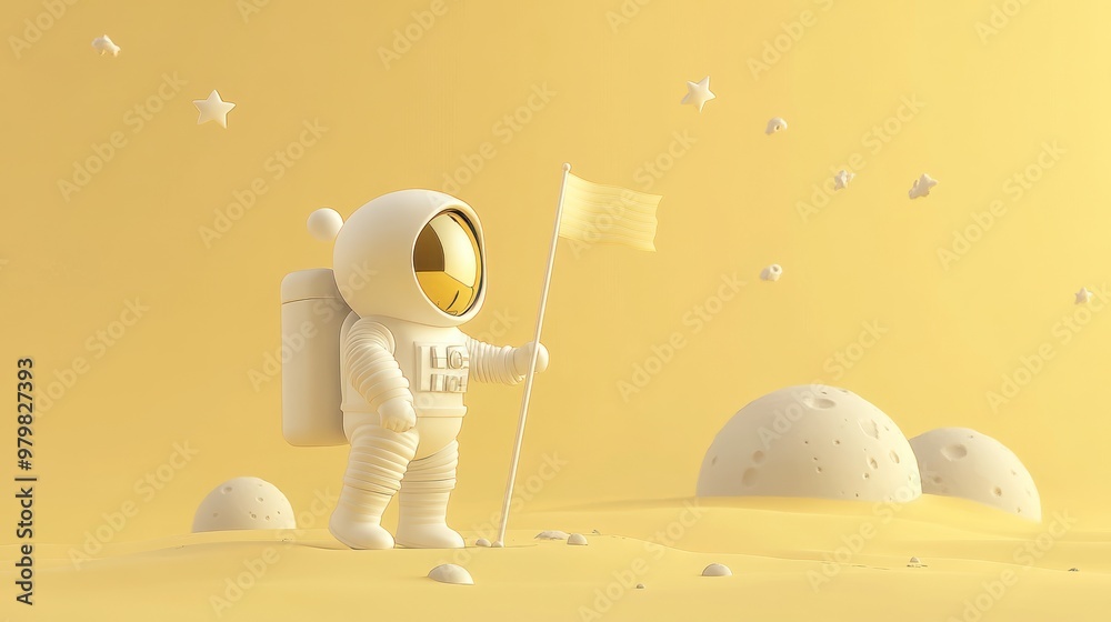 Poster A whimsical astronaut stands on a yellow lunar landscape, holding a flag amidst stars.