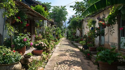 Charming town lanes with ancestral houses decorated with wildflowers and greenery