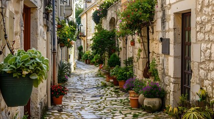Charming town lanes with ancestral houses decorated with wildflowers and greenery