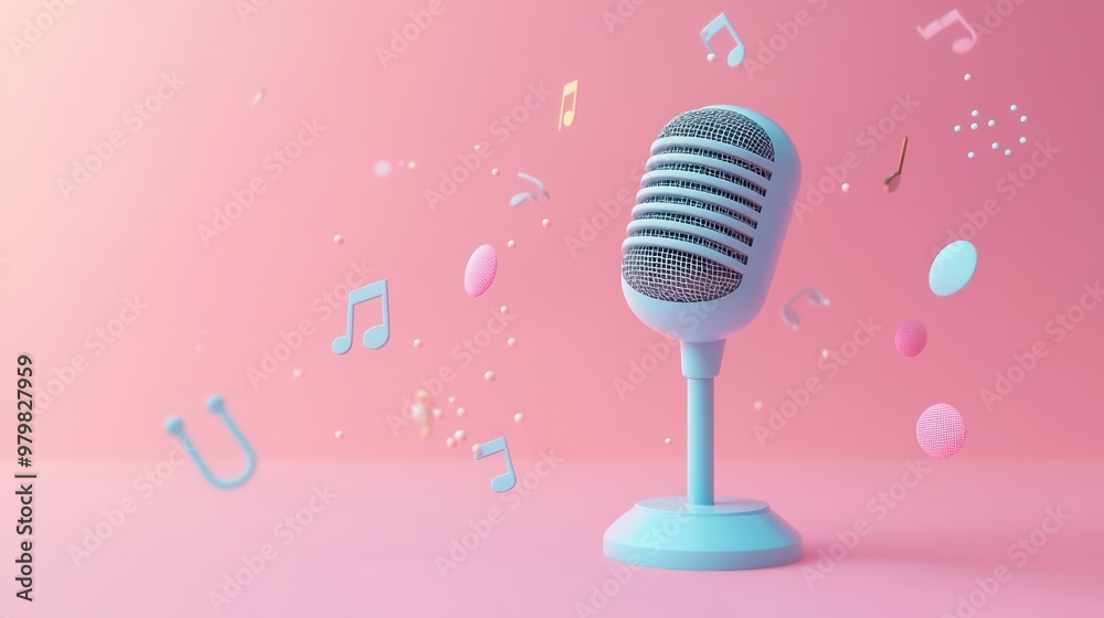 Poster A pastel microphone with musical notes and colorful elements, symbolizing music and creativity.