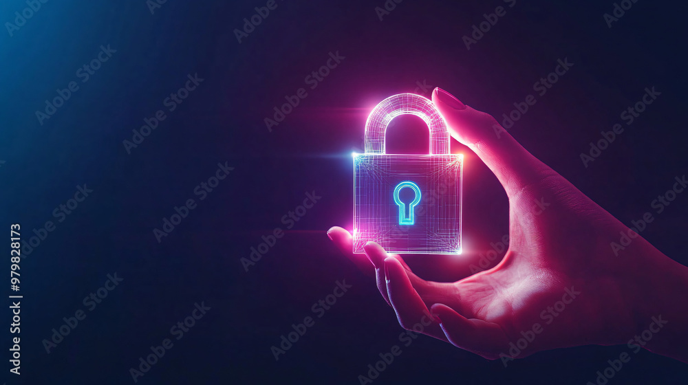 Poster female executive is holding a shining padlock, representing data security and cybersecurity in the m
