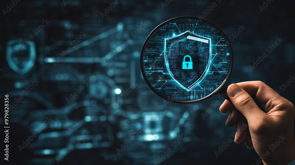 Aufkleber Businessman examines network security using a magnifying glass, with a shield icon and lock symbol