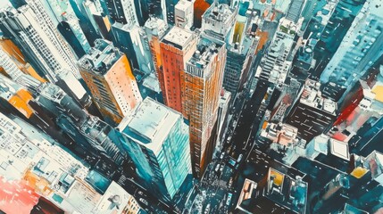 Fototapeta premium Aerial view of a bustling cityscape with high-rise buildings showcasing urban architecture and vibrant street life.