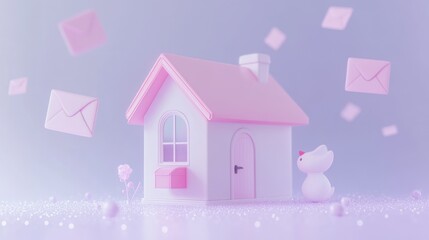 A whimsical pastel house with floating envelopes and a cute bird figure.