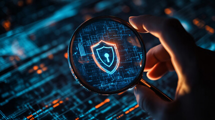 Cybersecurity professional scrutinizes a digital security system with a magnifying glass to safeguard data and prevent threats