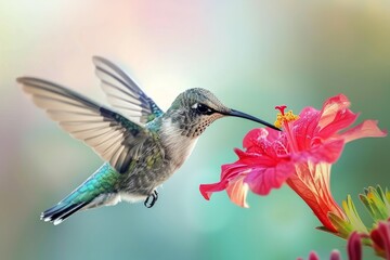 Fototapeta premium Hummingbird hovers near a bright flower. Close-up