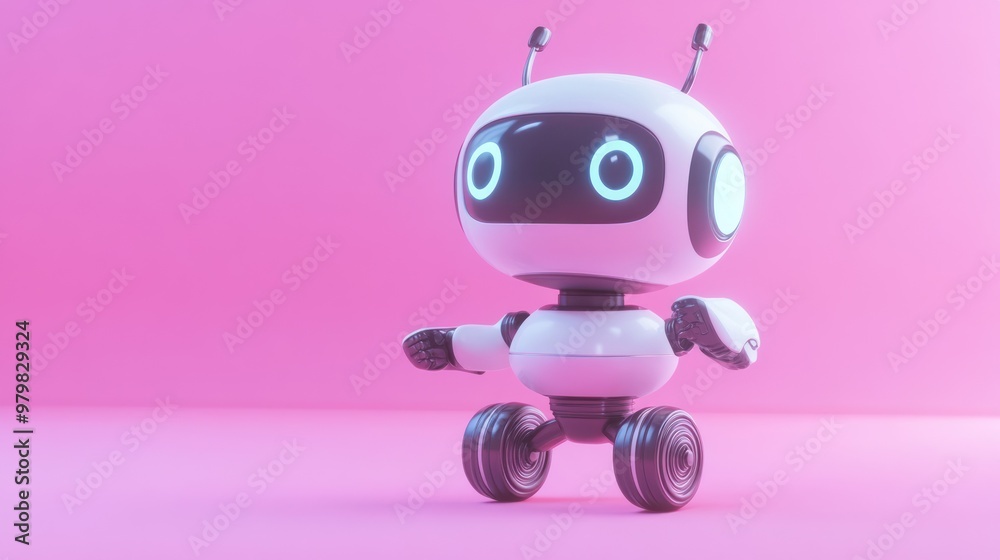 Canvas Prints A cute, small robot with a friendly design, set against a pink background.