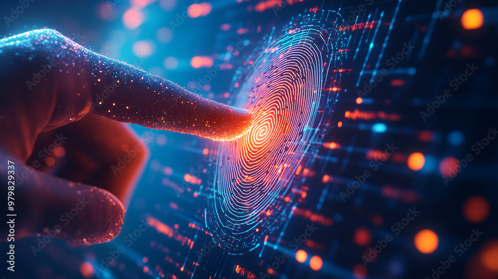 Aufkleber hand activates a futuristic holographic fingerprint scanner, creating a bright light for biometric s