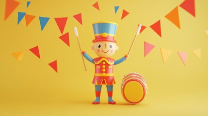 Naklejka premium A cheerful toy soldier holding sticks with a drum, set against a bright yellow background.