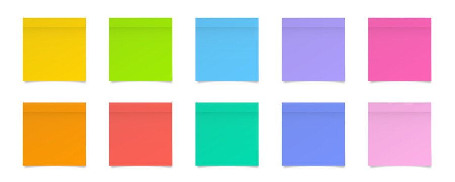 Set of square paper stickers. Stick in notes. White, blue, red, violet, green, yellow, orange and pink neon colors. Multicolor post it notes. Sheets of paper. Tag, sticky note