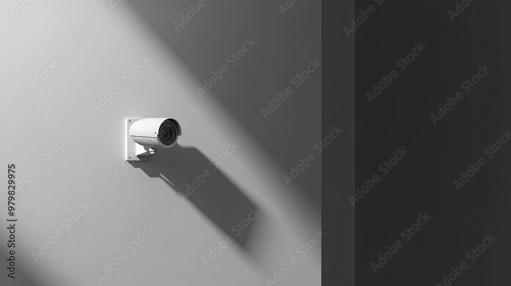 Poster white security camera is mounted on a white wall, casting a shadow from the natural light coming fro