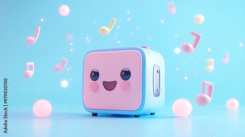 Sticker A cute, animated music box with a smiling face and floating musical notes on a blue background.