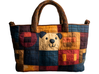 a quilted bag with a dog face. 