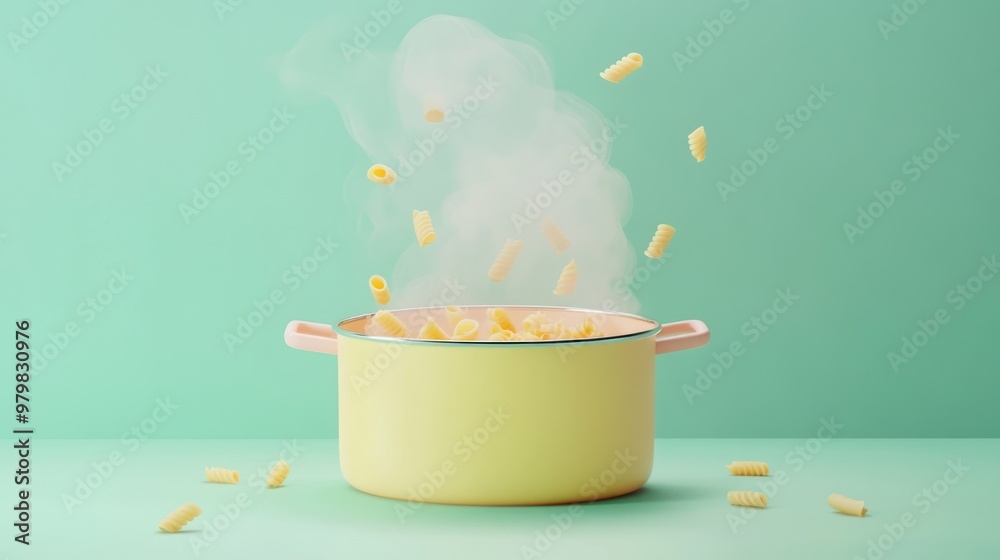 Sticker A pot of pasta with steam and noodles floating above, set against a pastel background.