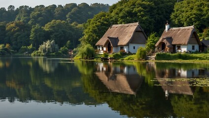 Quaint village with thatched cottages on a small island reflecting in a tranquil lake.