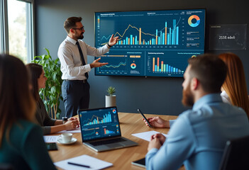 Company Operations Manager Holds Meeting Presentation. Diverse Team Uses TV Screen with Growth Analysis, Charts, Statistics and Data. People Work in Business Office
