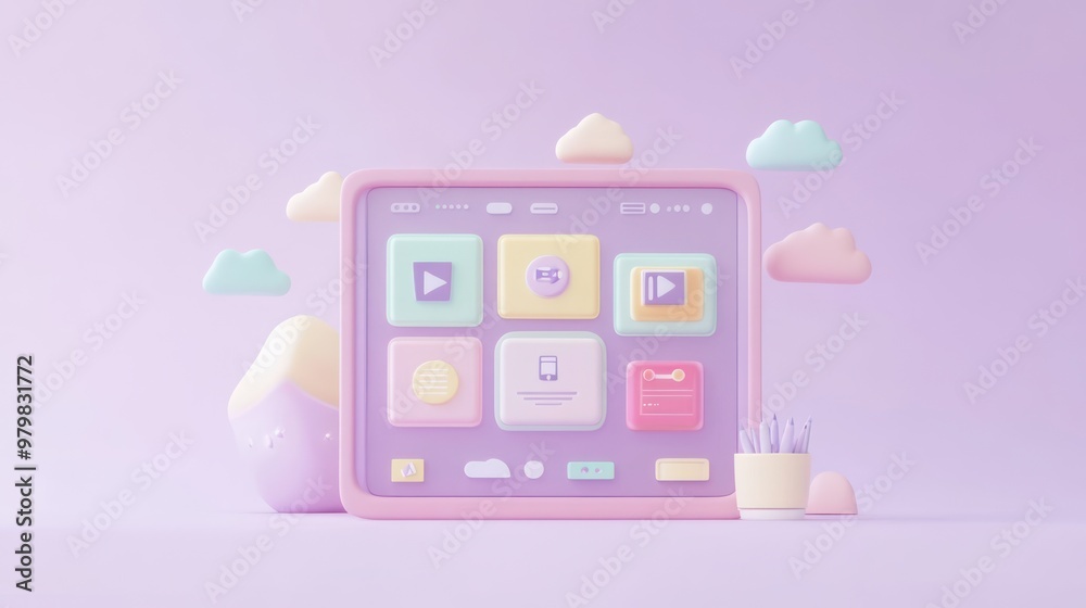 Sticker A pastel-colored digital interface with playful buttons and decorative clouds.