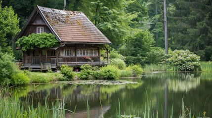 Obraz premium A small house with a porch sits on a lake