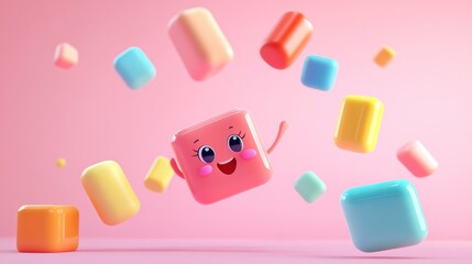 A cheerful animated cube character surrounded by colorful blocks on a pink background.