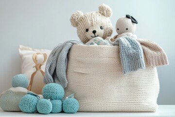 A white basket with two teddy bears in it, generative ai image