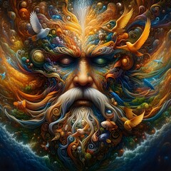 Fototapeta premium Cosmic Elder with Elemental Birds – Abstract AI Artwork