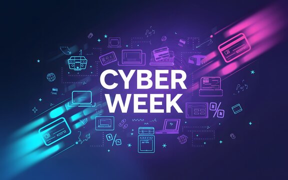 Cyber Week Dynamic Background with Floating Shopping Icons and Discounts , Generative-AI