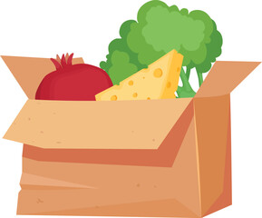 Grocery bag and cart. Shopping basket, paper and plastic package, eco bag with organic food. Supermarket goods and groceries vector icon. Illustration basket bag and cart with food, white background