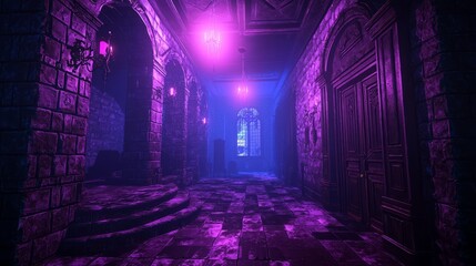 Fototapeta premium Haunting Secrets: Eerie 3D Cube World of Cursed Mansion with Ghostly Figures and Creaking Doors