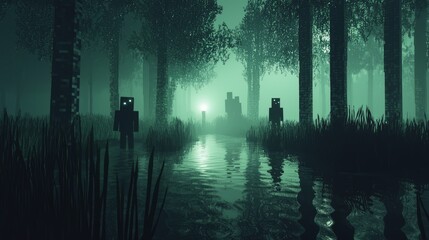 Mysterious Pixelated Cube World: Dark Marshes and Lurking Creatures
