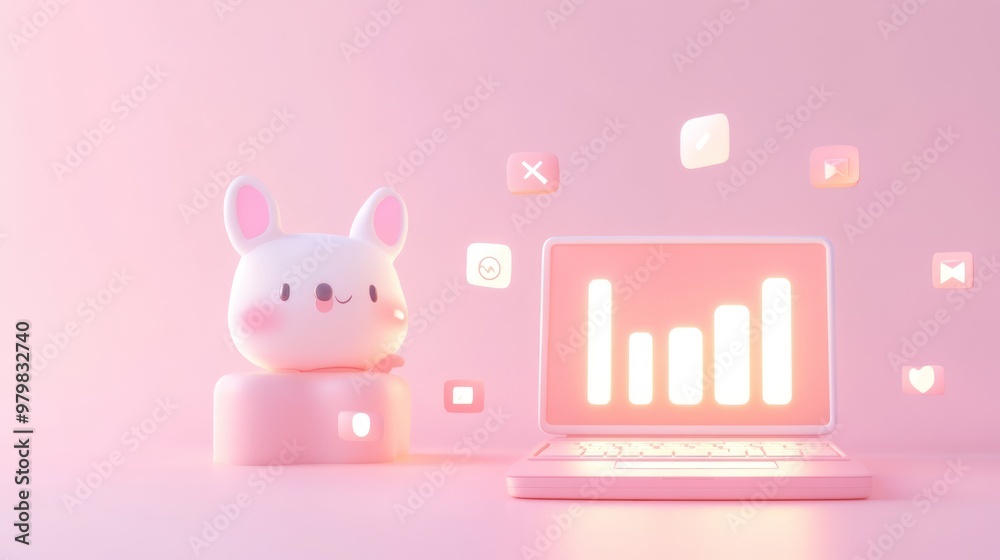 Poster A cute bunny figurine beside a glowing laptop displaying growth charts in a pastel setting.