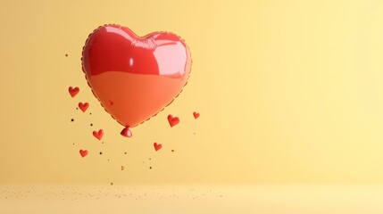 A heart-shaped balloon floats against a yellow background, symbolizing love and celebration.