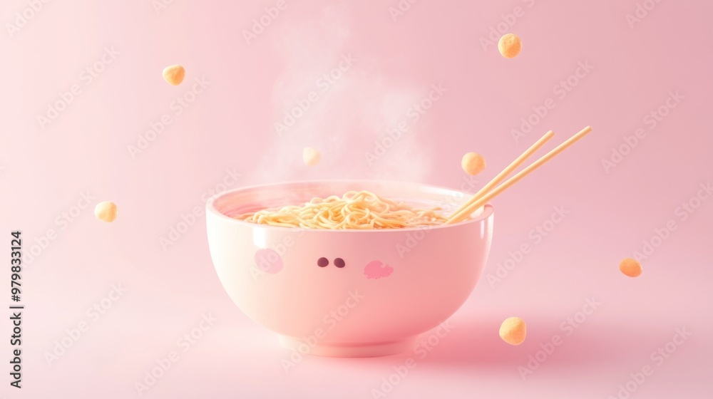 Poster A whimsical pink bowl of steaming noodles with chopsticks, surrounded by floating hearts.