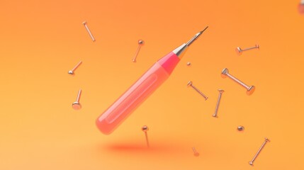 A pink tool surrounded by metallic nails against an orange background.
