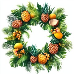 Fototapeta premium A vibrant tropical wreath featuring pineapples, coconuts, and lush green leaves, perfect for summer decor and nature themes, white background