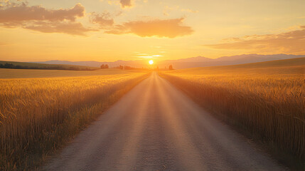 Fototapeta premium Quiet rural road surrounded by golden wheat fields and a sunset in the background