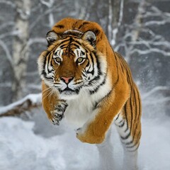 Obraz premium Siberian tiger leaping through snowy forest habitat