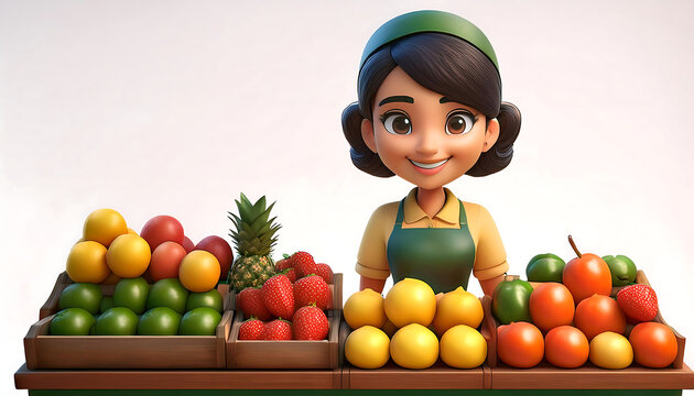  Woman fruit seller behind counter &ndash; A 3D cartoon-style render of a woman standing behin_1(498)