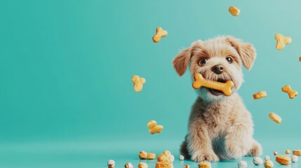 A playful puppy with a bone surrounded by scattered dog treats.