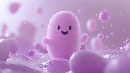 A cute, pink, cartoonish character surrounded by organic shapes, evoking a playful, scientific theme.