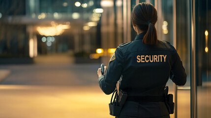 Woman security officer is conducting a nighttime patrol to safeguard an office building