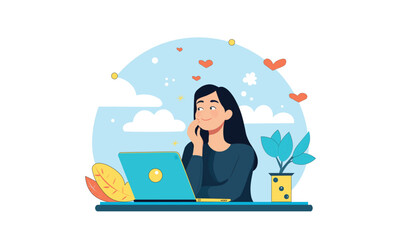 Women thinking about love and working with laptops. Love in the Air concept