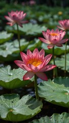 Red lotus flowers against green leaves in summer.