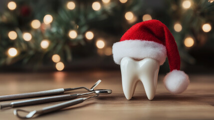 Christmas and New Year 2024 dentist tools with a tooth figurine wearing a Santa hat.