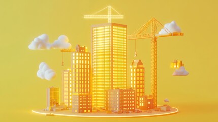Obraz premium A vibrant construction scene featuring buildings, cranes, and clouds against a yellow backdrop.