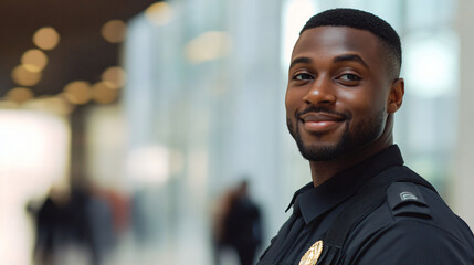 Fototapeta premium Confident african american security guard smiling in busy office lobby, exuding protection and warmth