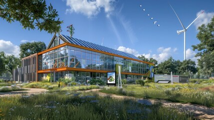 Fototapeta premium Sustainable Architecture: Modern Building with Solar Panels and Wind Turbine