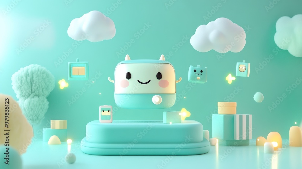 Poster A playful, pastel-colored scene featuring a cute character among clouds and whimsical elements.